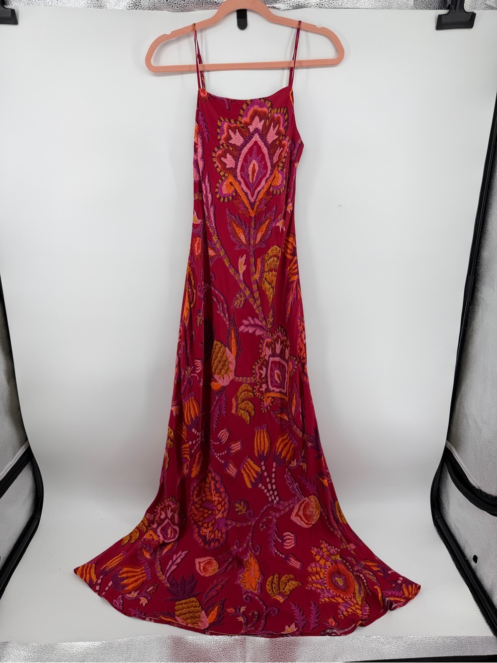 FARM Rio ResortWear Boho Wedding Guest TropicalSunset Floral SatinMaxi Dress SzS - Picture 1 of 11